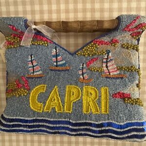 NWT Capri Amalfi Coast Italy Sailboats Beaded Clutch Wooden Handles HARD TO FIND